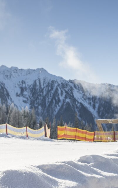 Ein Kind und ein Erwachsener benutzen das Förderband beim Skifahren, das Kind schaut leicht nach links und der Erwachsene dahinter blickt in die Kamera, im Hintergrund sieht man Wald, Nebelfelder, Berge sowie einen Zaun und Tafeln | © Lorenz Masser